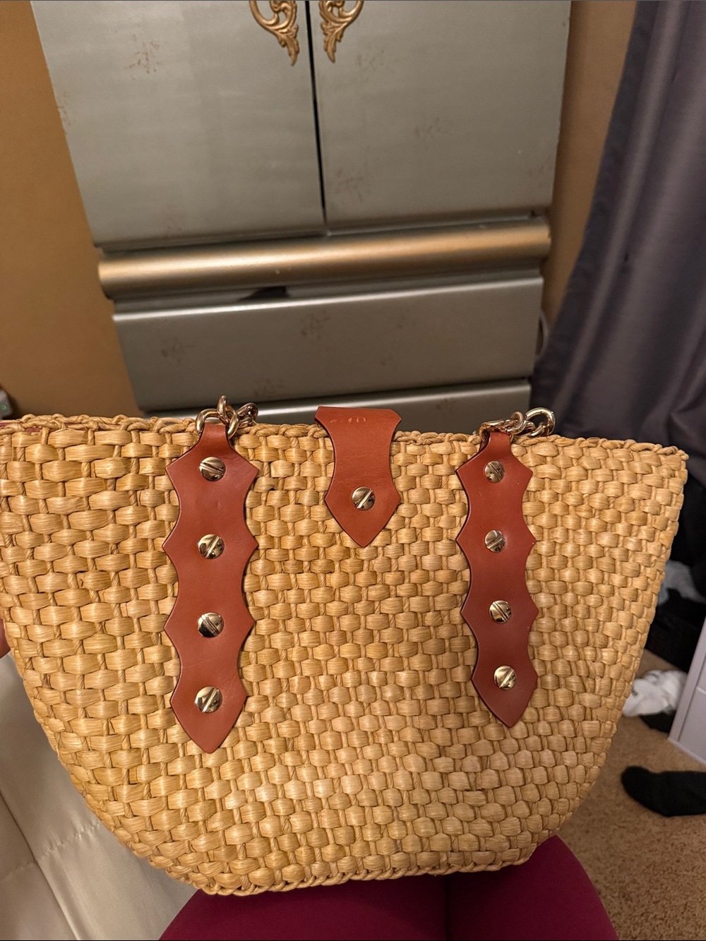 Michael Kors Tan Straw Tote with Brown Leather Accents and Gold Hardware - Picture 4 of 5